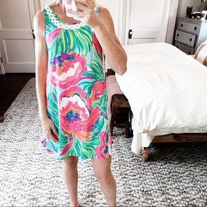 Lily Pulitzer · Sleeveless Green & Pink Shift Dress With White Embroidery · Sz 2